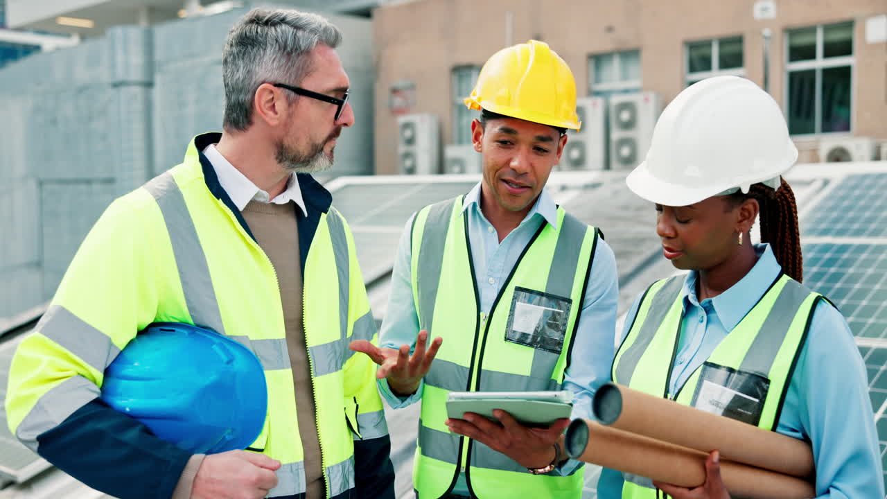 Team of Engineers Inspecting Solar Panel Installation
