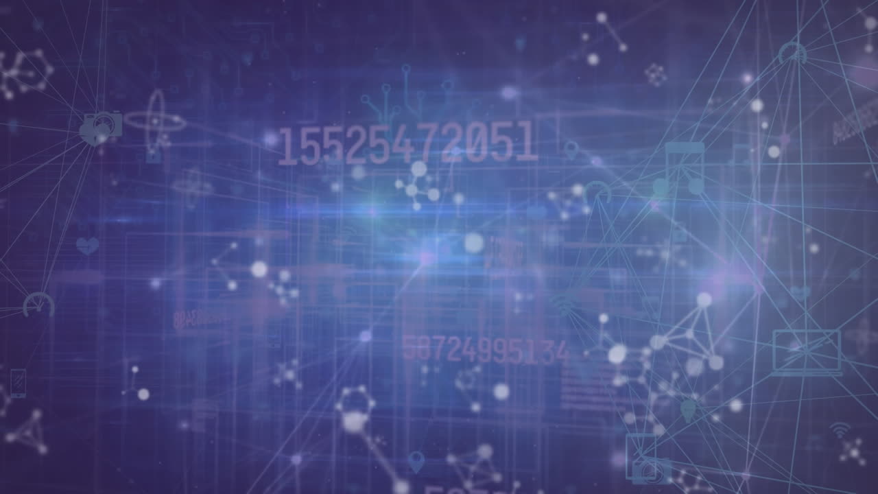 Animation of data processing over network of connections on purple background