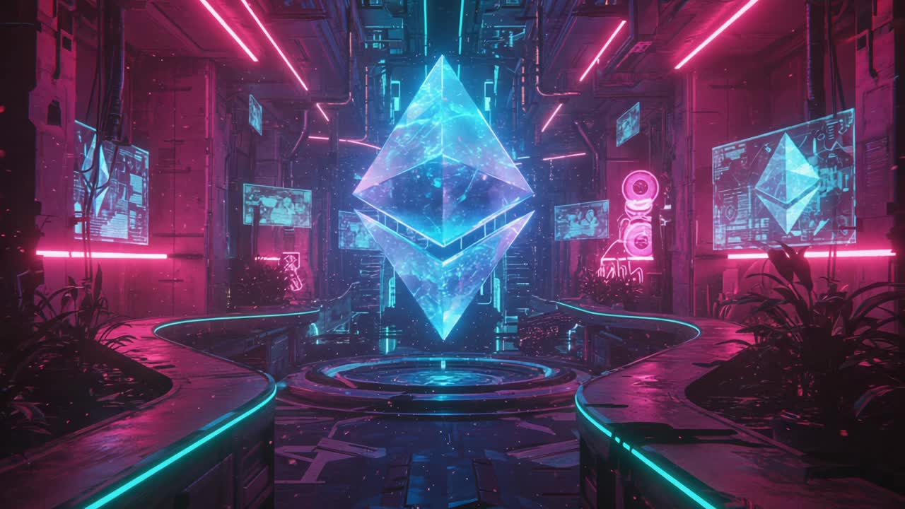 A Journey Through a Futuristic Digital Environment Featuring a Glowing Geometric Shape Surrounded by Neon Lights and Animated Displays