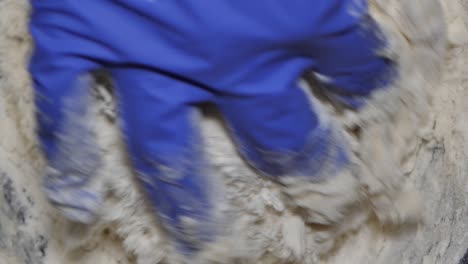 amasar la masa con guantes azules