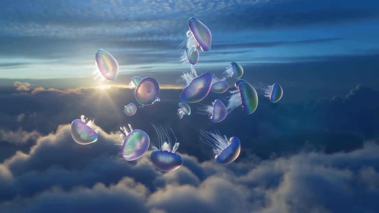 Un gruppo di campane traslucide, iridescenti, simili a meduse aleggia sopra uno strato denso di nuvole all'alba, disperdendosi delicatamente con orientamenti vari, spazi crescenti, luce dorata di contorno e leggera foschia.