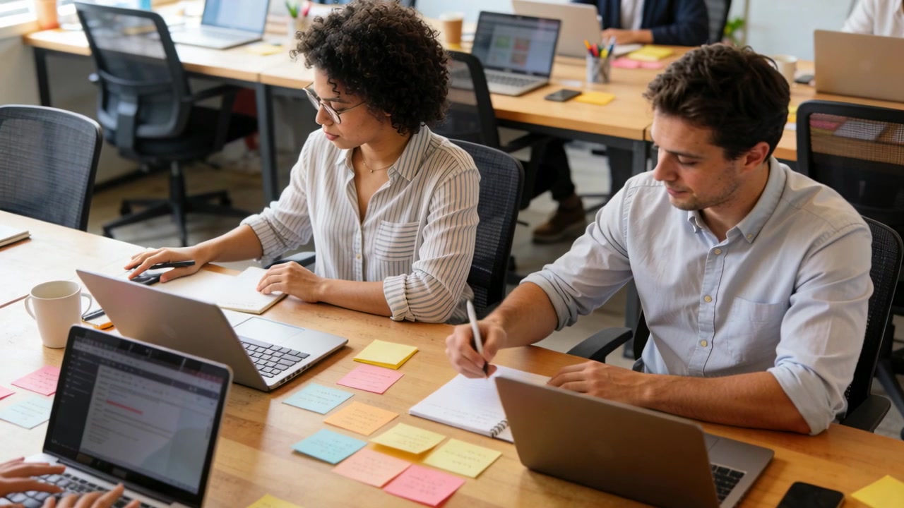 Reaching coworker in striped shirt adjusting sticky notes at table, both taking notes with laptops