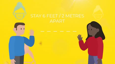 Animation-of-people-waving-at-each-other-with-the-words-Stay-6-feet-/-2-metres-apart-between-them-ov