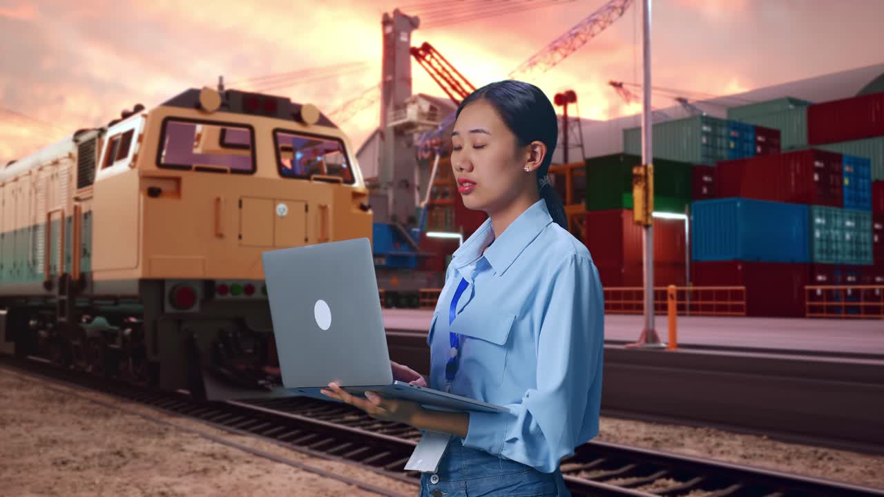 Side View Of Asian Female Professional Worker With Freight Cargo Train At Port, Observes By Looking Up Before She Come To Concentrating On The Laptop And Keep On Typing