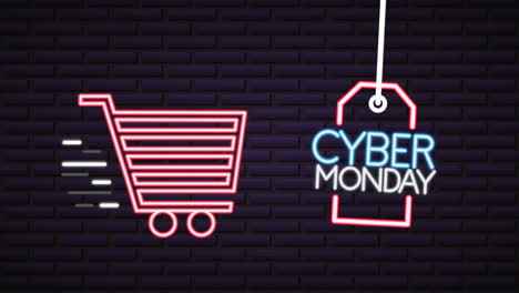 cyber monday neon lights animation with shopping cart