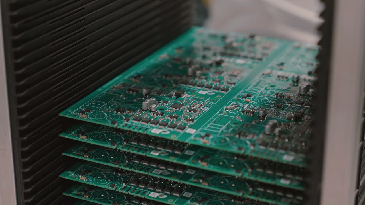 Slow-motion of stacked circuit boards in a tech manufacturing setting