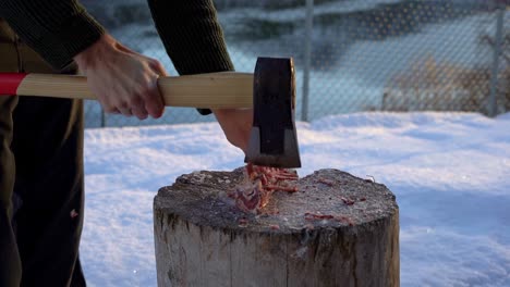 chopping deer carcass bones in soft light, snow, and slow motion