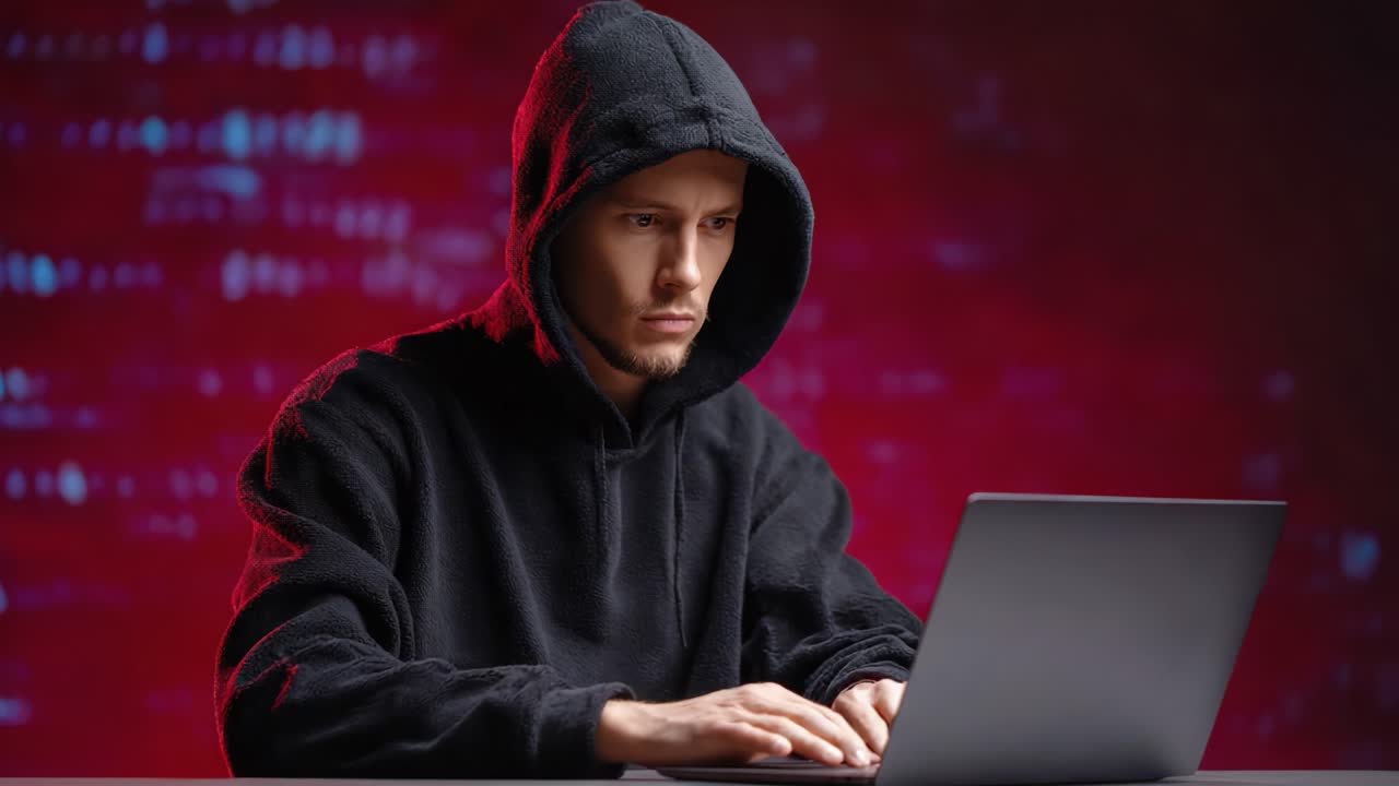 A Focused Individual in a Hoodie Engages with a Laptop, Surrounded by a Mysterious Digital Atmosphere, Exemplifying a Modern Digital Age Encounter