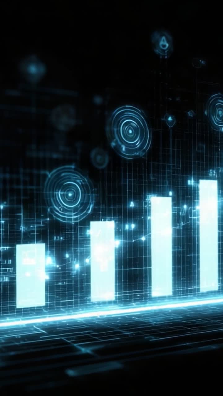 Dynamic Data Visualization: Progression of Bar Charts with Futuristic Digital Elements Showcasing Trends and Analysis in a High-Tech Environment