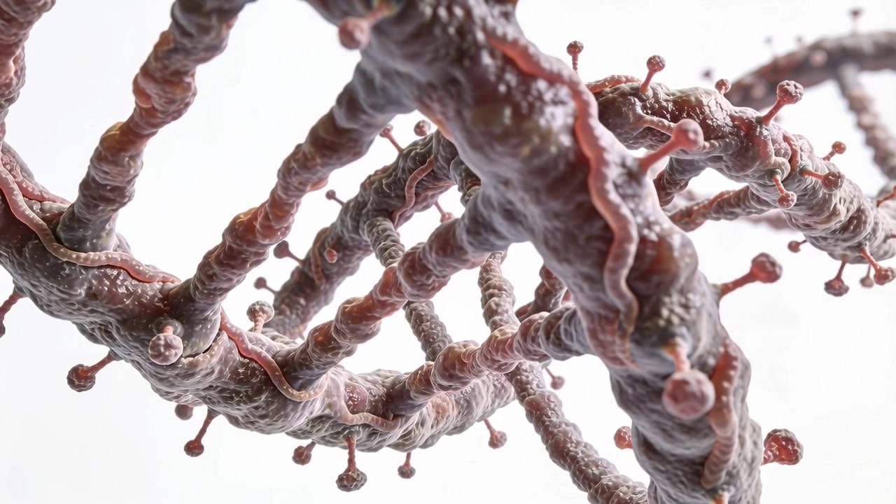 Starting camera initiating orbit around double-helix strand in bright studio, revealing protrusions