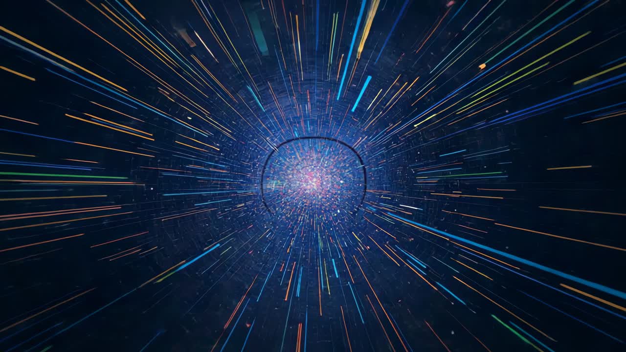 Starting core stretching into colorful light streaks around portal ring in space, for warp travel