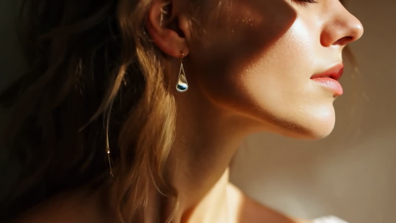 Primo piano di profilo di una donna in luce solare tenue, che evidenzia il suo orecchino e l'espressione serena