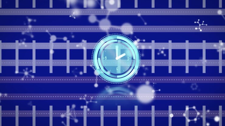 Animation of clock moving fast over molecules on blue background