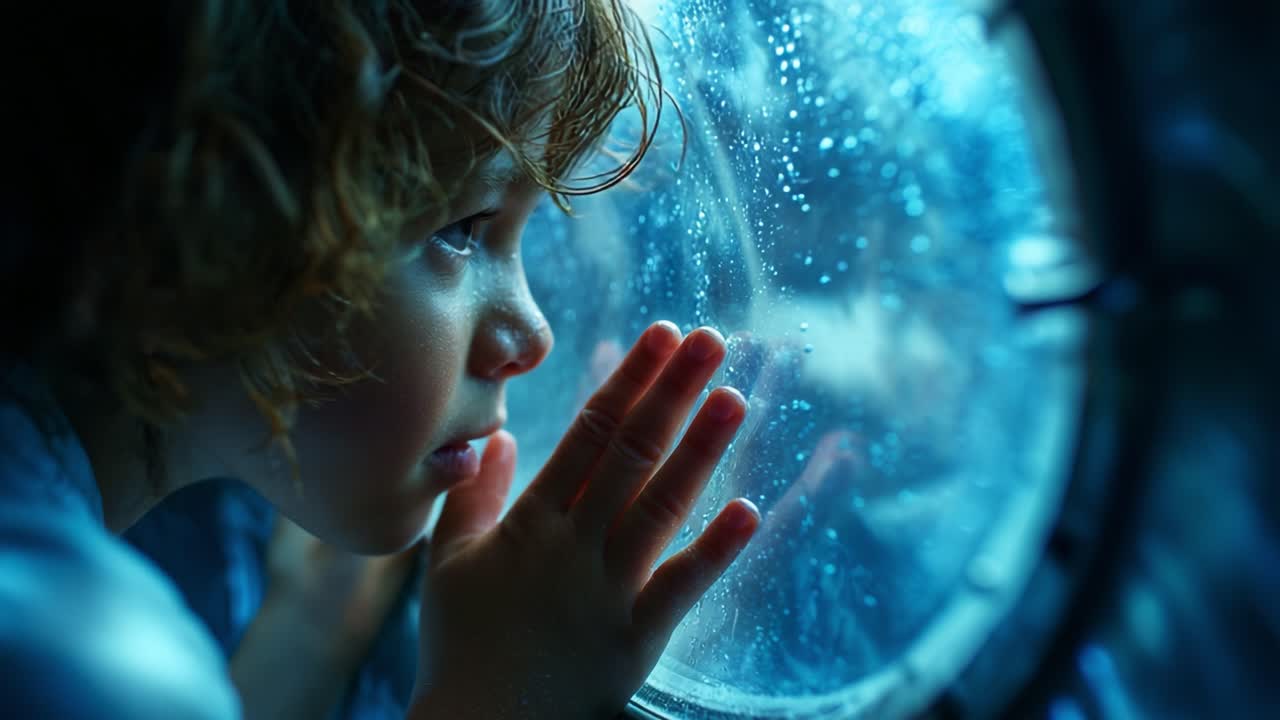 A Curious Child Gazes Longingly Through a Rain-Drenched Porthole, Enveloped by Blue Hues and Reflective Surfaces, Capturing a Moment of Wonder and Imagination