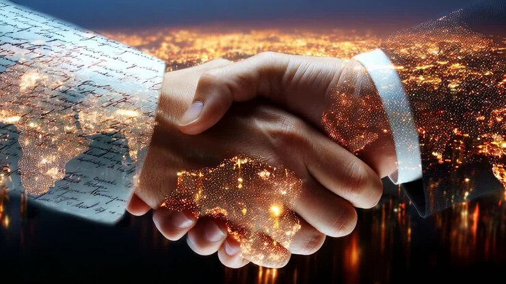 An Artistic Representation of Collaboration and Unity: A Symbolic Handshake Set Against a Dazzling Cityscape, Merging Elements of Partnership and Progress in a Captivating Visual Statement