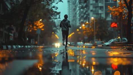 man running on a wet city street at night
