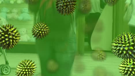 animación del virus de la corona verde con personas en el fondo