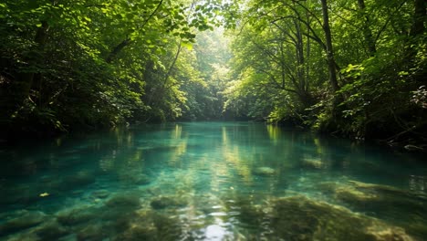 a serene and tranquil stream flowing through lush greenery, reflecting sunlight and creating a peaceful atmosphere in a natural landscape