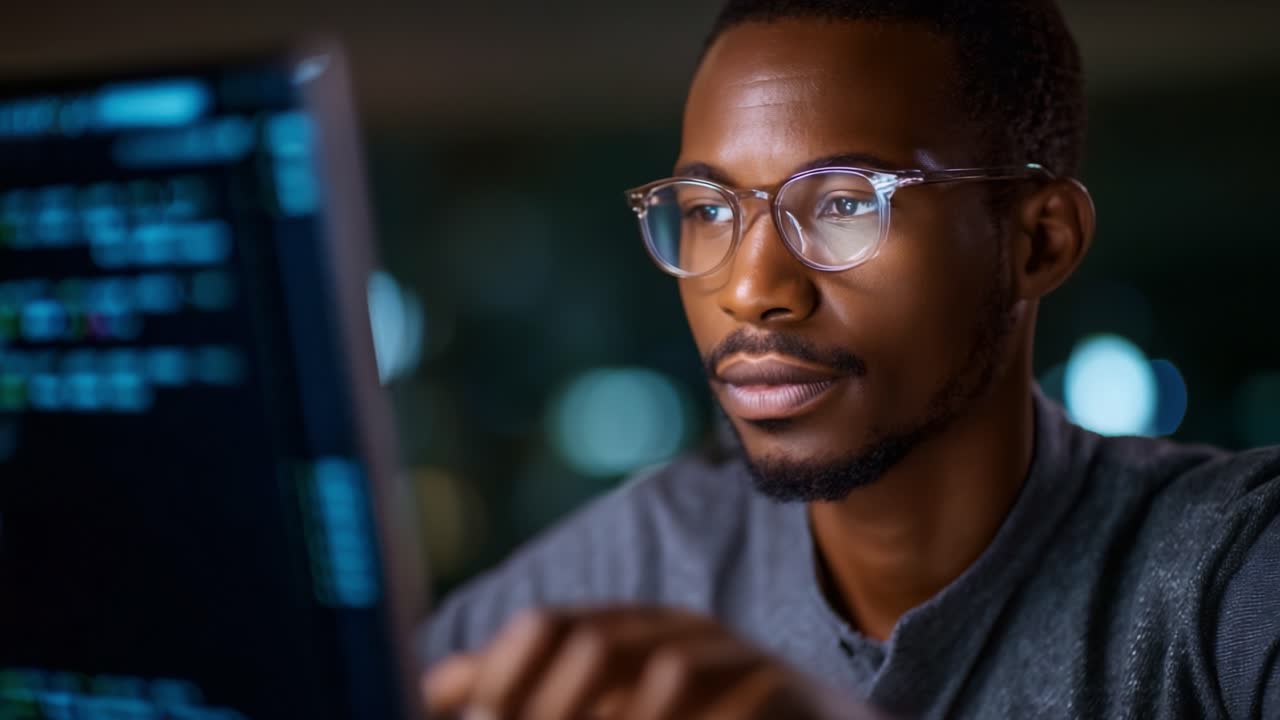 Fokuseret programmør analyserer kode på computerskærm i et svagt oplyst miljø med bløde glødende lys i baggrunden, hvilket understreger koncentration og dygtighed