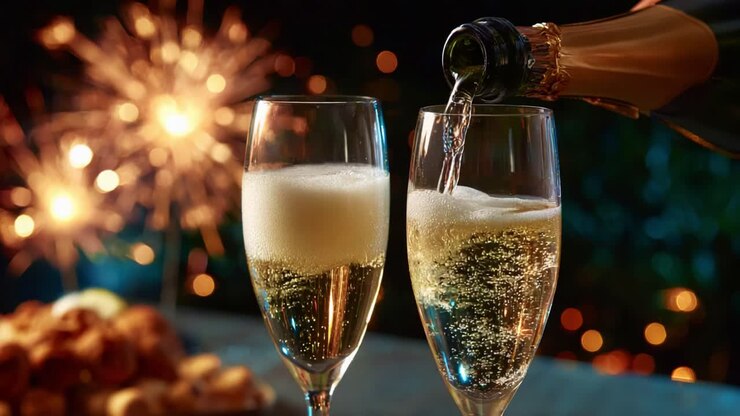 Celebratory Moment: Two Elegant Flutes Being Poured with Sparkling Champagne Against a Glimmering Background of Festive Lights and Delicacies, Perfect for Special Occasions and Toasting Life's Joys