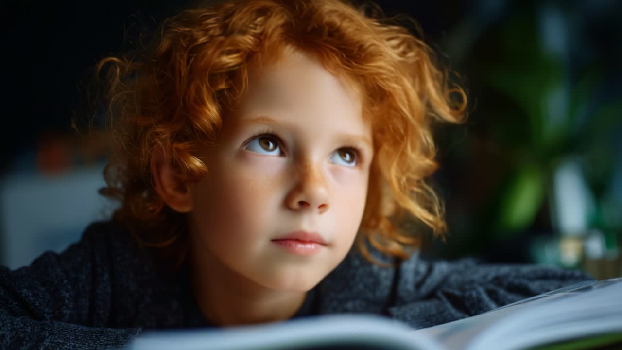 Bambino riflessivo con capelli rossi ricci assorto nei suoi pensieri, seduto tra i libri e alla ricerca di ispirazione nella lettura e nell'apprendimento