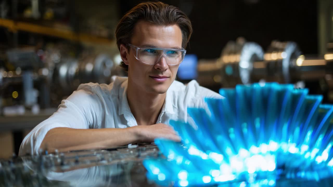 Focused Engineer Examining Advanced Optical Technology with Enthusiasm and Curiosity Amidst Sophisticated Laboratory Equipment Showcasing a Unique Blue Light-Emitting Display