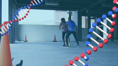 animación de dos cepas de adn girando sobre un hombre y una mujer jugando al fútbol