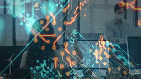 in office, animation of digital circuit patterns overlaying people working