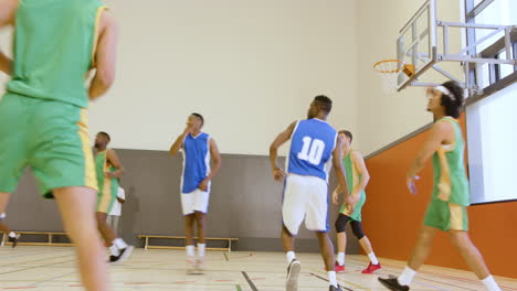basketball players in action on court, focusing on teamwork and strategy