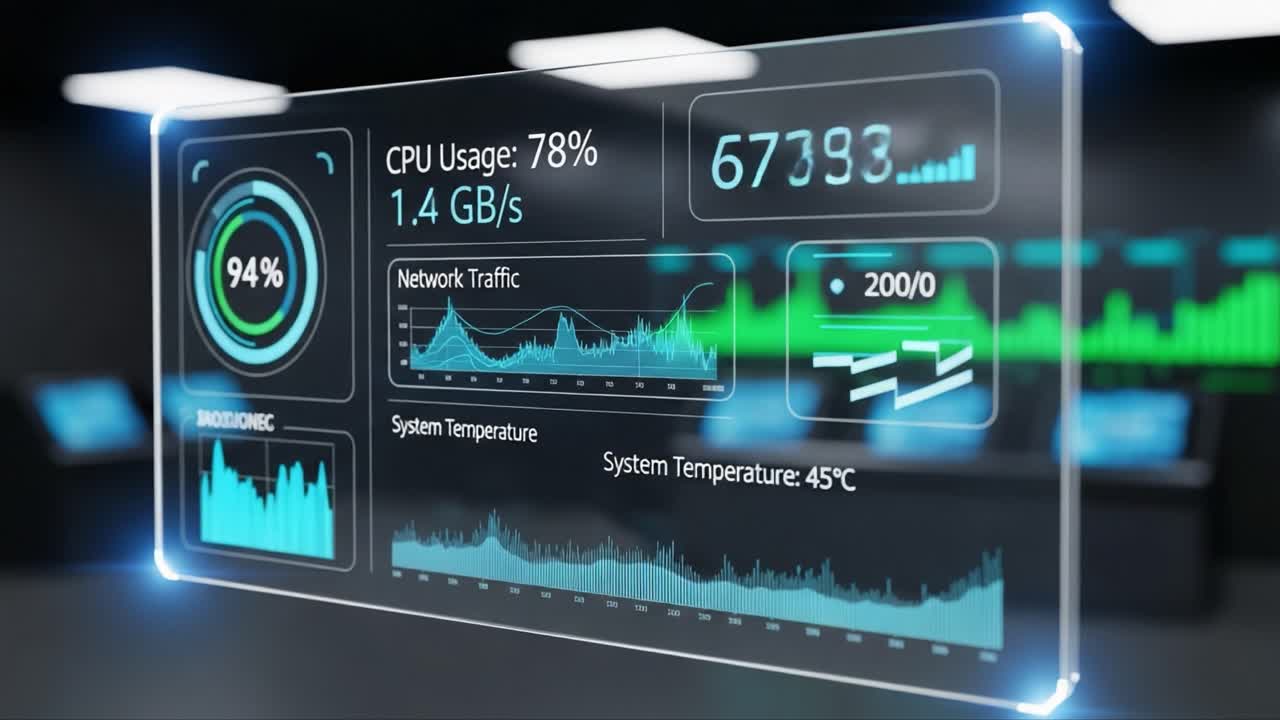 Overview of System Performance Metrics Including CPU Usage, Network Traffic, and System Temperature on a Modern Visual Display Panel – A Technological Insight