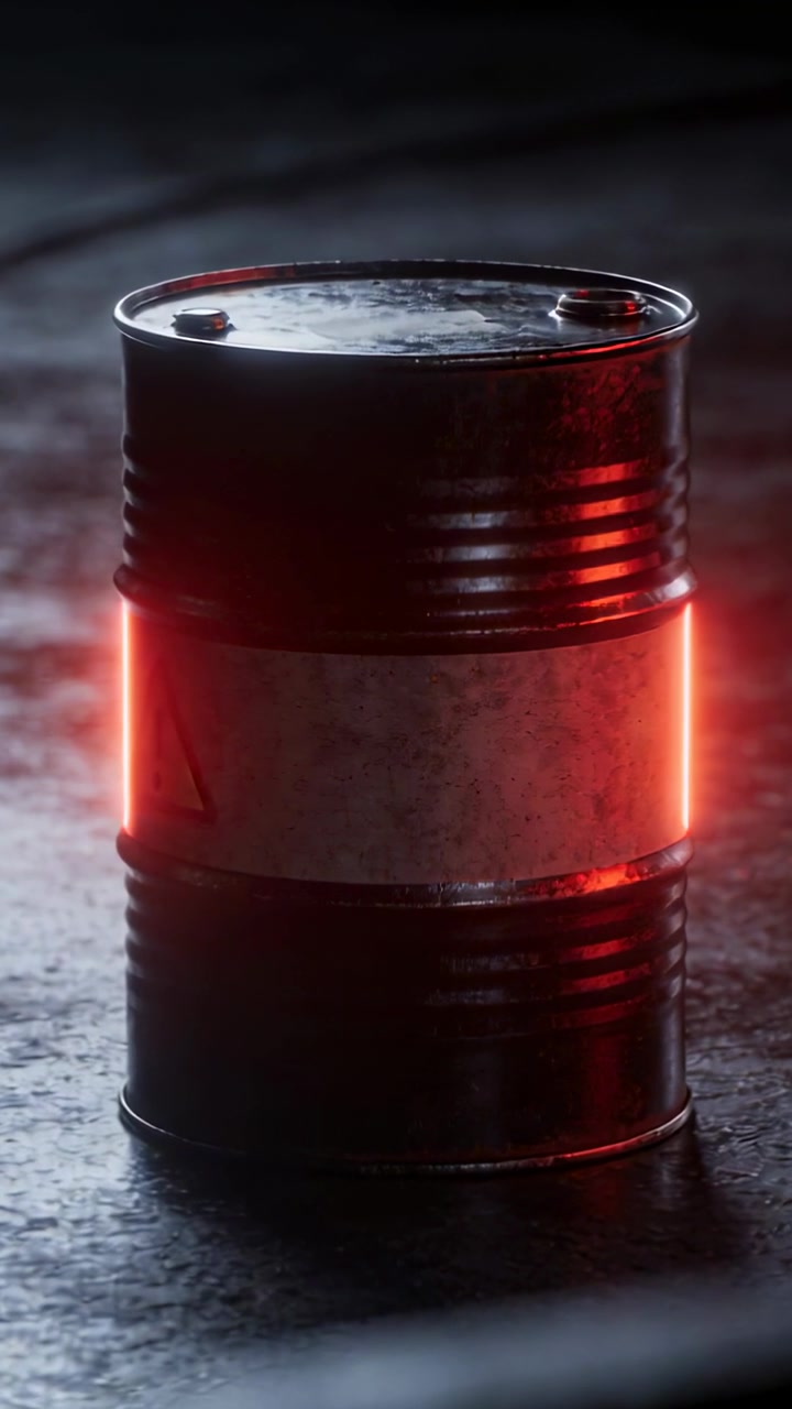 Video verticale: Strisce rosse crescenti che illuminano un fusto metallico in un magazzino per rivelarne i lati a coste e i tappi.