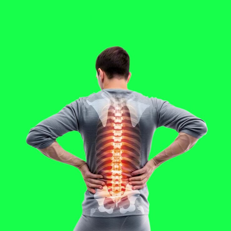 Back pain spine anatomy illustration animation, transparent 4K video, green screen