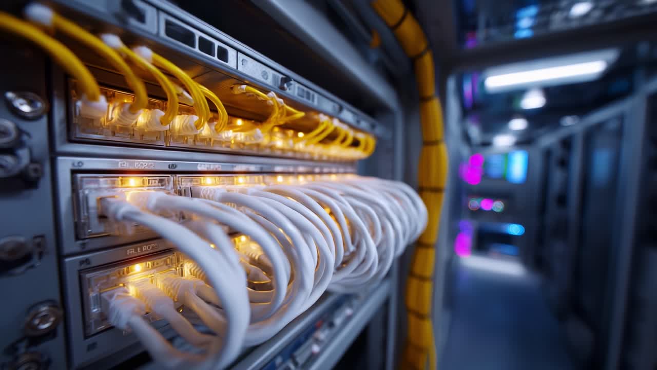 Detailed View of Networking Equipment with Illuminated Ports and Cables in a Modern Data Center Environment: A Glimpse into Network Infrastructure