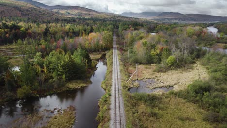 drone view of train tracks and epic forest reveal on overcast autumn day