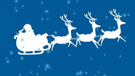 Animation-of-falling-snow-over-santa-claus-in-sleigh-with-reindeer