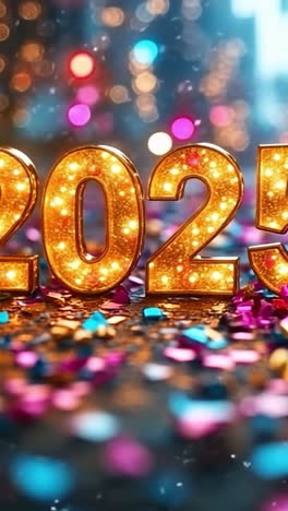 celebrating the arrival of 2025. colorful confetti surrounds shiny numbers, creating a vibrant new years atmosphere in the city.