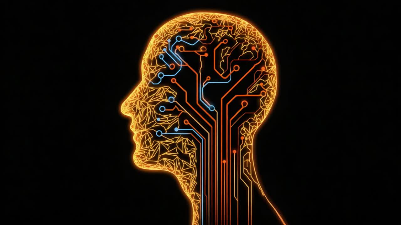 Exploring the Fusion of Technology and Nature: A Visual Representation of a Brain Integrating Digital Circuitry with Organic Patterns in a Striking Profile View