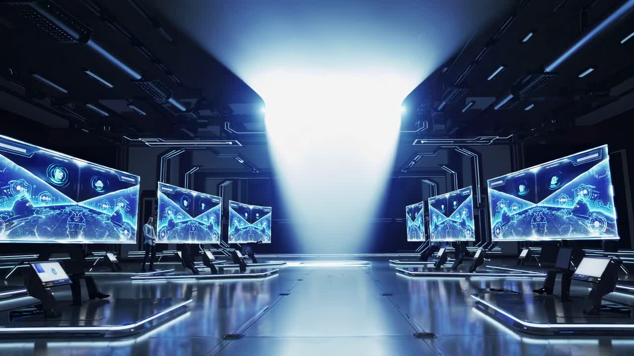 Futuristic control room with glowing blue screens and holographic displays