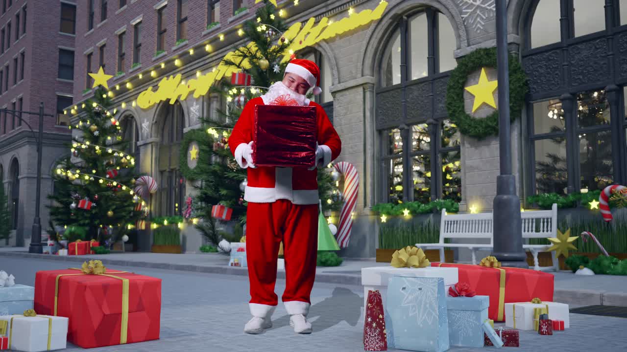 크리스마스 밤에 서 있는 동안 선물을 보여주는 아시아 산타클로스의 몸이 가득 차 있습니다.