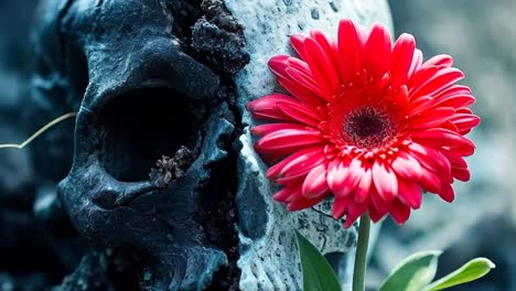 a skull with a red flower sitting on top of it