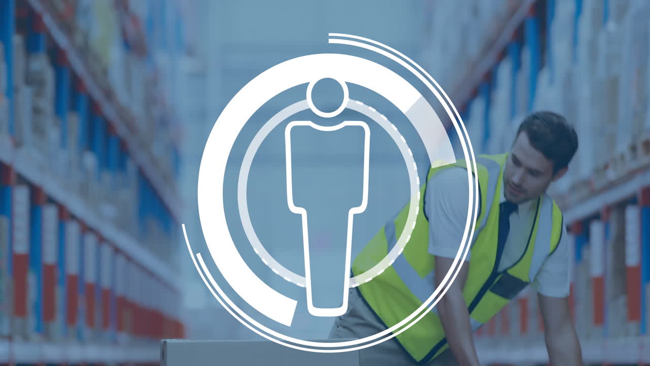 animación de un ícono humano sobre un trabajador caucásico en un almacén