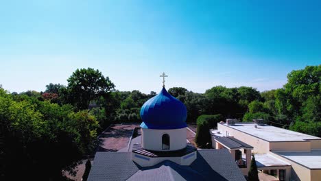 cross on top of church aerial holy virgin protection russian orthodox cathedral from des plaines, illinois usa