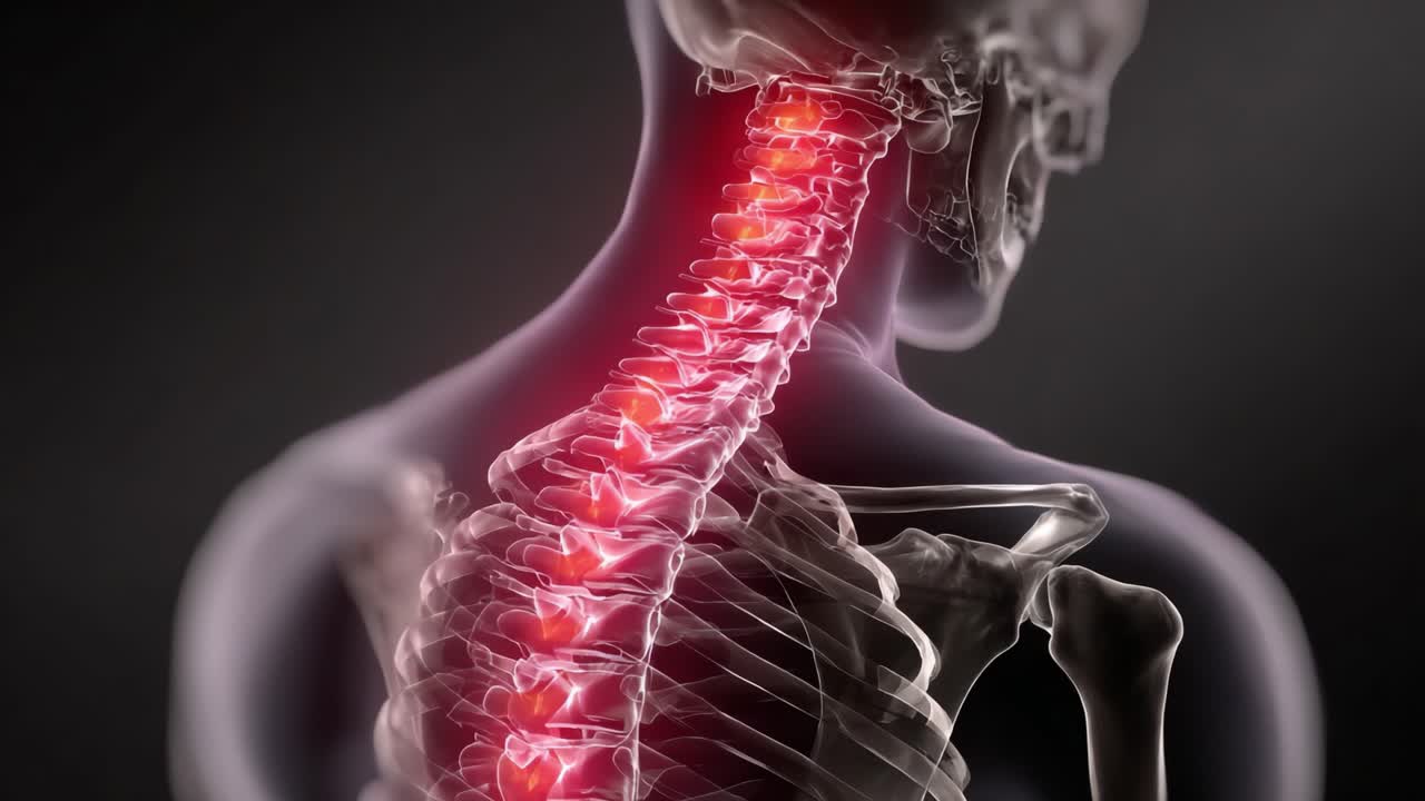 Anatomisk visualisering af menneskets rygsøjle: Fremhævelse af smertepunkter og strukturel kompleksitet i halshvirvelsøjlen med detaljeret gengivelse.