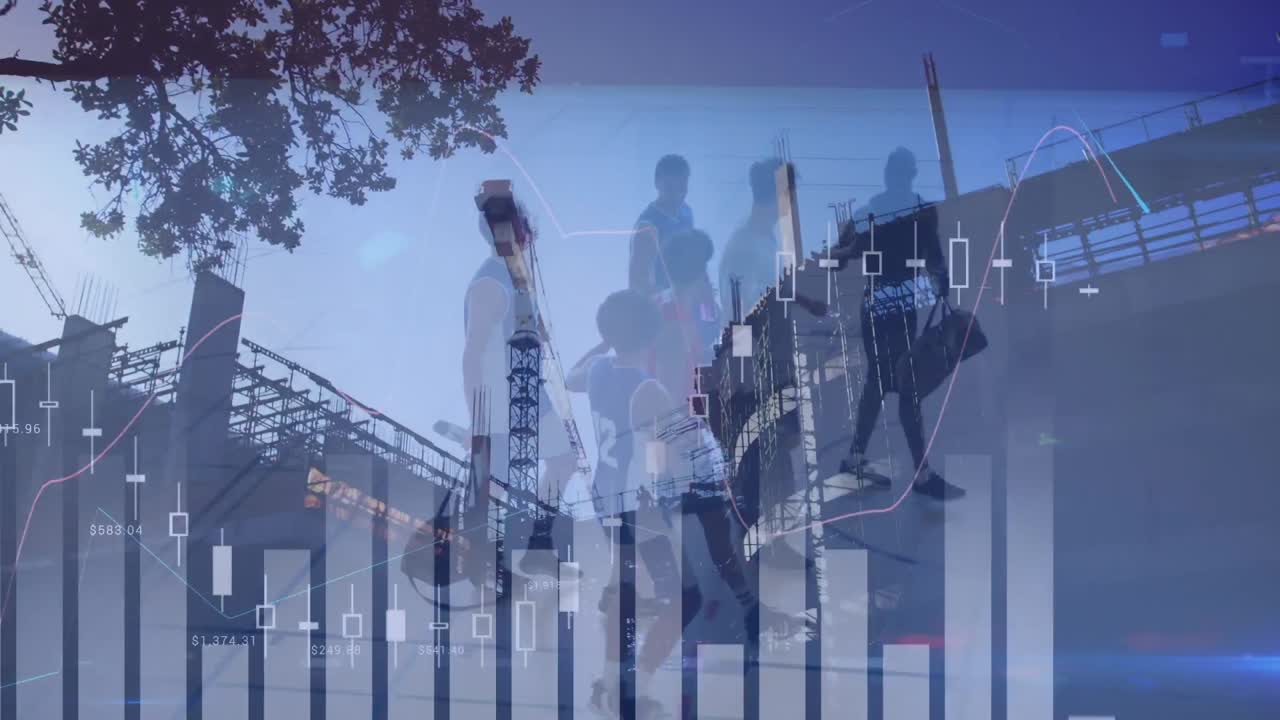 Animation of financial data processing over diverse group of male basketball players at gym