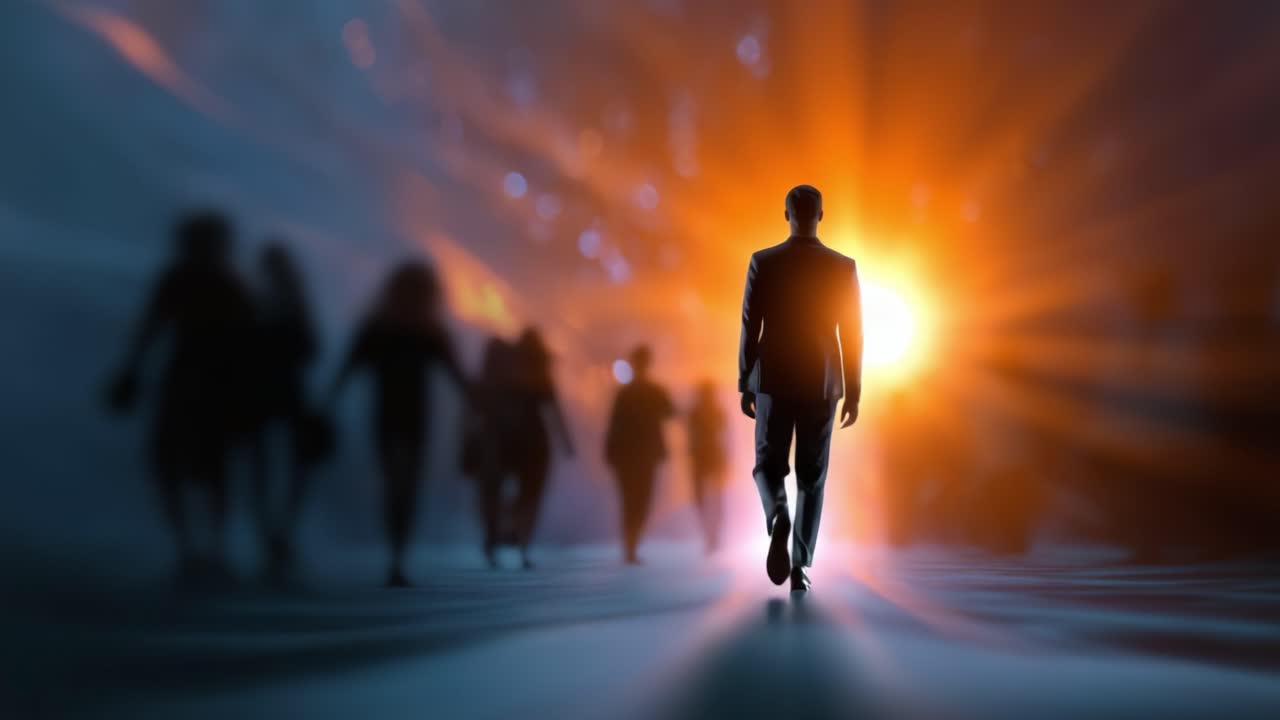 Una figura solitaria avanza audacemente verso una luce intensa, circondata da tenui silhouette, a simboleggiare il viaggio alla scoperta di sé e la ricerca dei sogni.