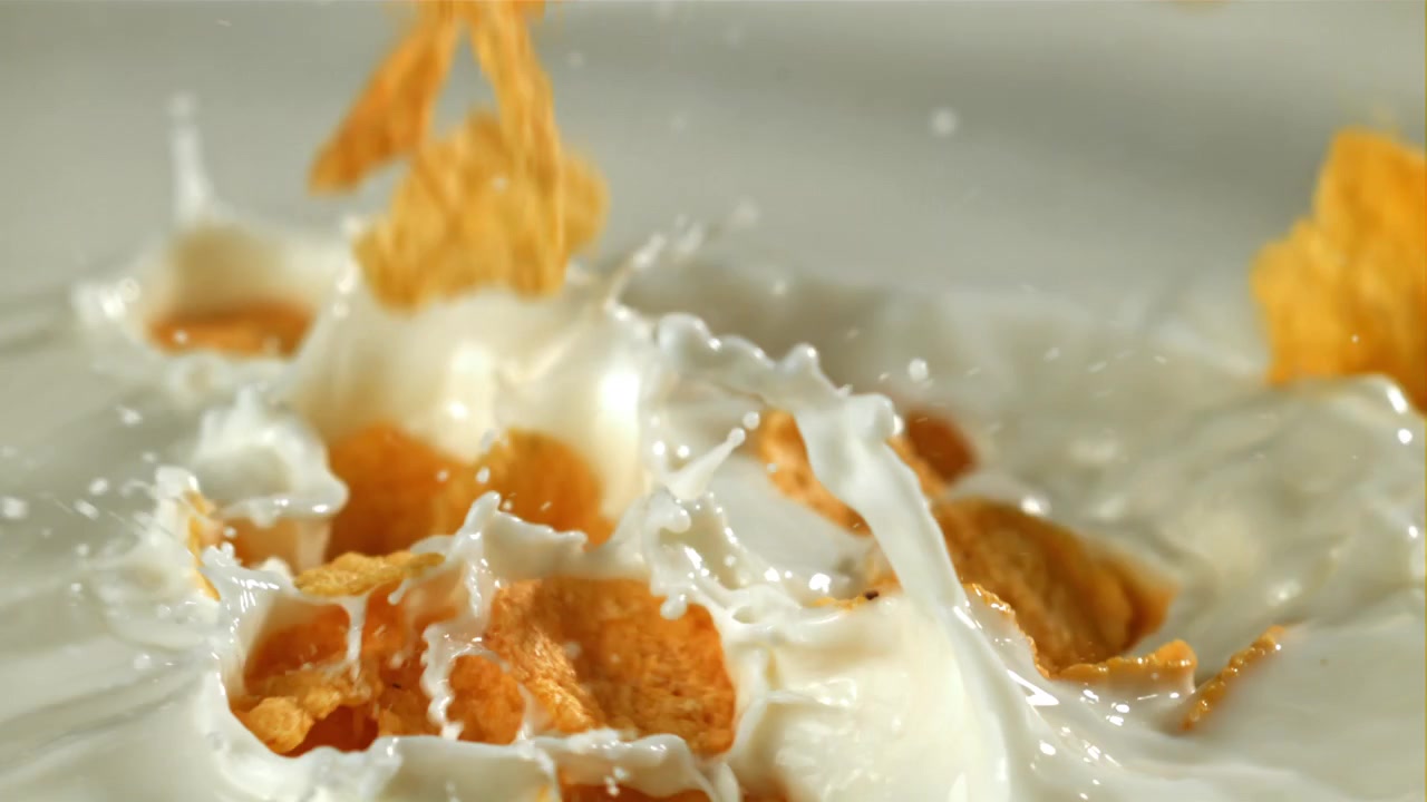Cornflakes fallen in Zeitlupe in Milch