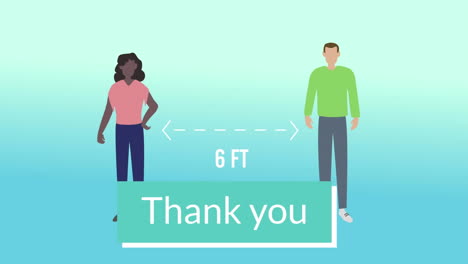 thank you text banner over man and woman maintain social distancing icon on blue gradient background
