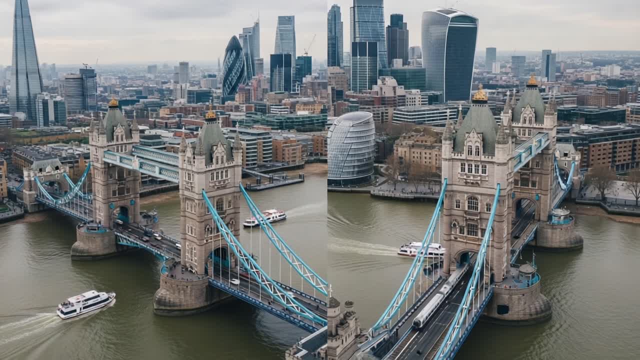 An Aerial Perspective of Tower Bridge: Showcasing the Iconic Landmark Amidst a Modern Skyline with Bustling River Traffic