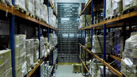 Multi-storey-shelving-systems-used-in-big-storage-warehouse,-drone-flight