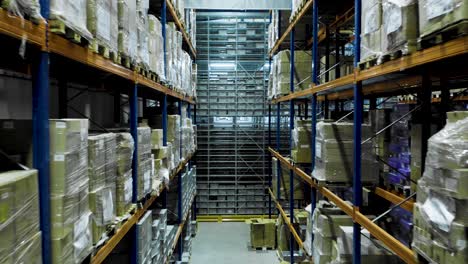 multi-storey shelving systems used in big storage warehouse, drone flight